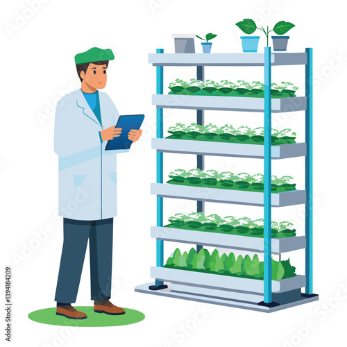 scientist-inspecting-vertical-farming-racks vector