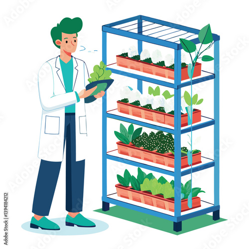 scientist-inspecting-vertical-farming-racks vector