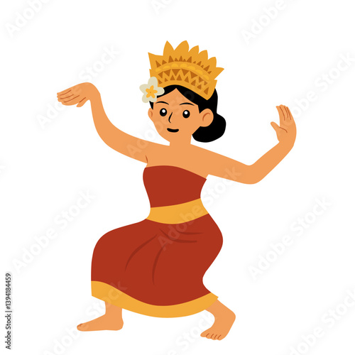 illustration of a traditional Balinese dancer in red costume with golden crown, performing a classical dance pose. Cultural character vector design, perfect for Indonesian heritage themes