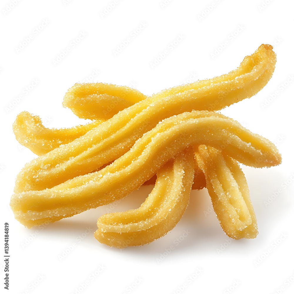 Golden and crispy churros with a crunchy, sugar-coated exterior and tender dough inside, isolated white background Golden and crispy churros with a crunchy, sugar-coated exterior and tender dough inside, isolated white background