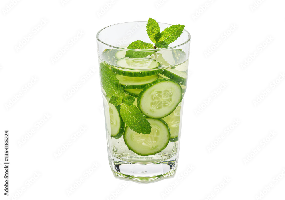 Refreshing cucumber mint drink in a glass with fresh slices and mint leaves Refreshing cucumber mint drink in a glass with fresh slices and mint leaves