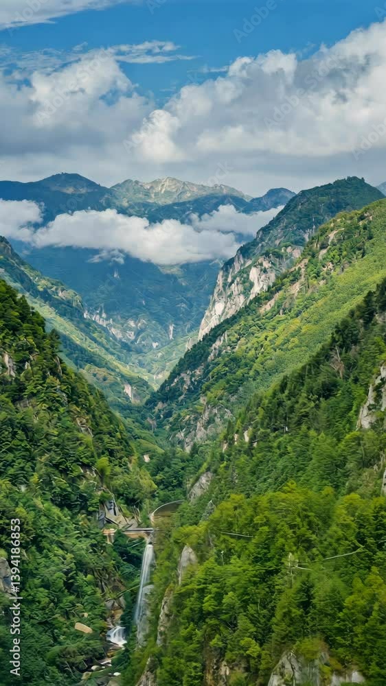 Scenic mountain valley with lush greenery and cloudy sky in daytime showcasing nature's beauty Scenic mountain valley with lush greenery and cloudy sky in daytime showcasing nature's beauty