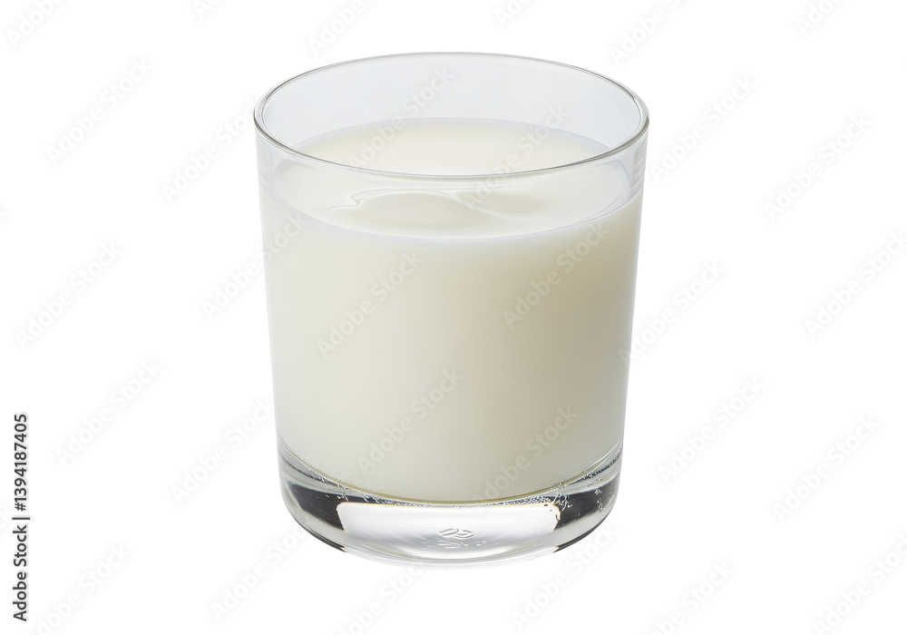 A clear glass filled with fresh milk on a plain background, ideal for beverage use A clear glass filled with fresh milk on a plain background, ideal for beverage use
