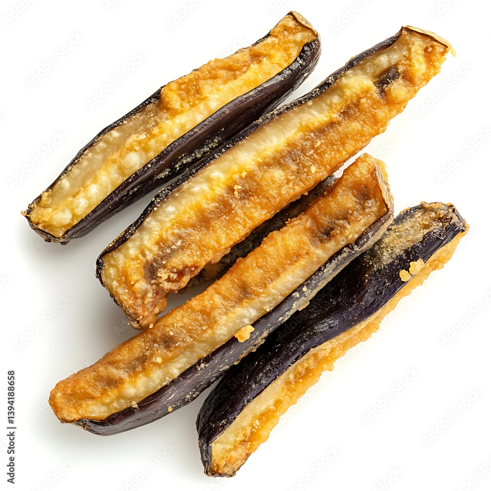 Golden and crispy eggplant fries with a perfectly fried exterior and tender inside, isolated white background, modern art style Golden and crispy eggplant fries with a perfectly fried exterior and tender inside, isolated white background, modern art style