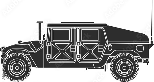  Icon of a military armored vehicle designed to transport infantry, Humvee icon isolated in black.