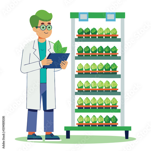scientist-inspecting-vertical-farming-racks vector
