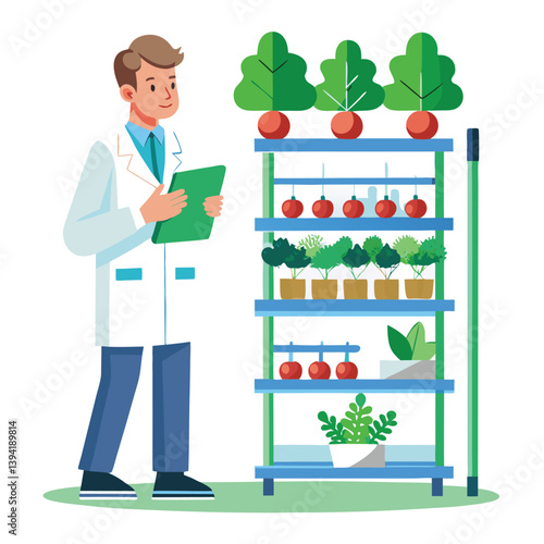 scientist-inspecting-vertical-farming-racks vector