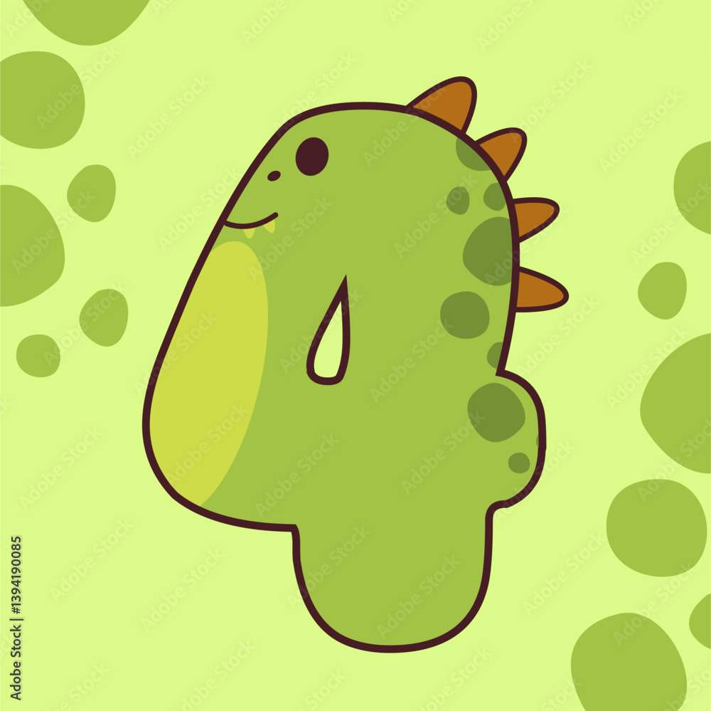 Number 4 Shaped Cartoon Dinosaur with Green Spots and Orange Spikes on a Light Green Background Number 4 Shaped Cartoon Dinosaur with Green Spots and Orange Spikes on a Light Green Background