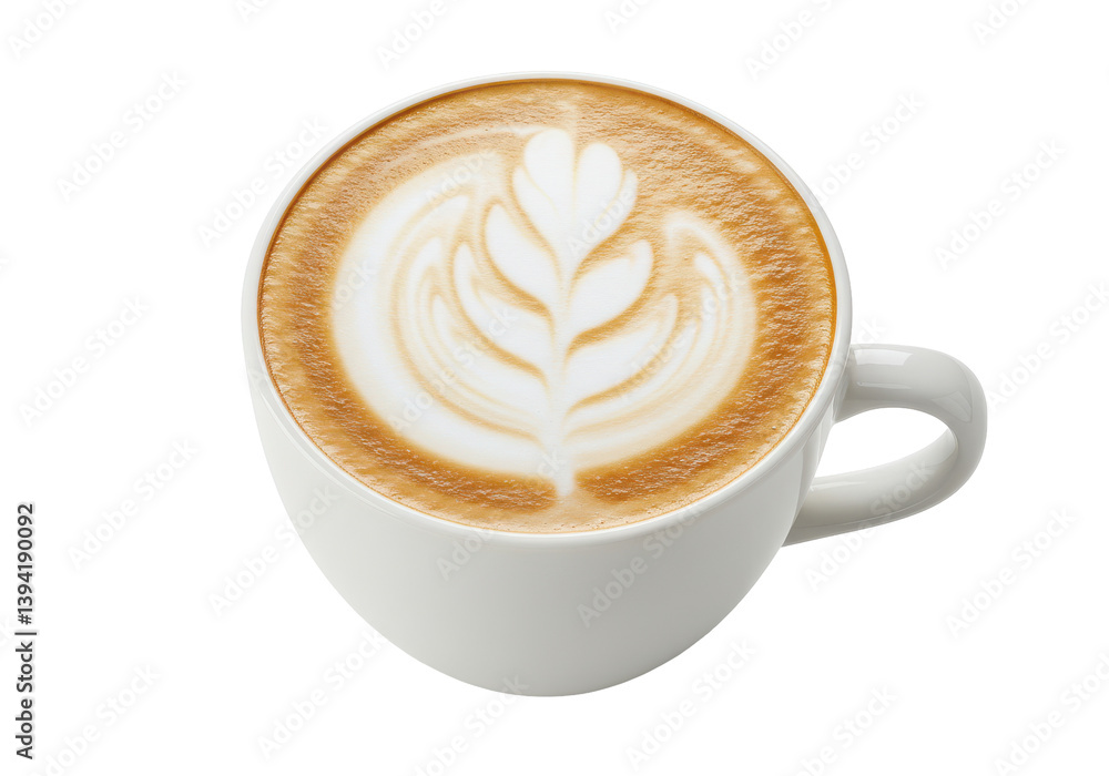 Creamy latte art in a white cup, showcasing intricate designs against a plain backdrop Creamy latte art in a white cup, showcasing intricate designs against a plain backdrop