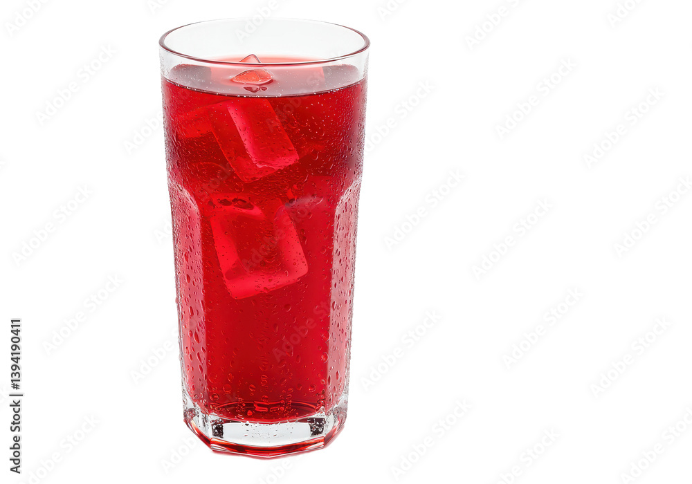 Refreshing red beverage with ice cubes in a glass, set against a plain background Refreshing red beverage with ice cubes in a glass, set against a plain background