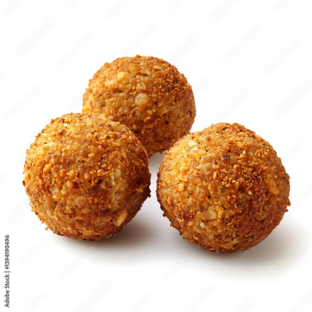 Golden and crispy falafel balls with a crunchy exterior and tender interior, isolated white background, hyperrealism art style Golden and crispy falafel balls with a crunchy exterior and tender interior, isolated white background, hyperrealism art style