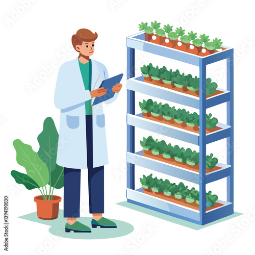 scientist-inspecting-vertical-farming-racks vector