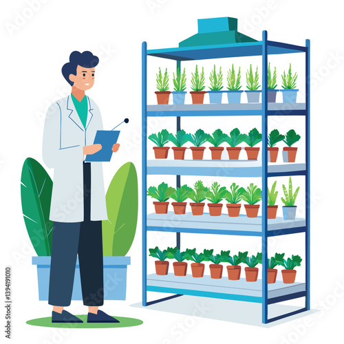 scientist-inspecting-vertical-farming-racks vector