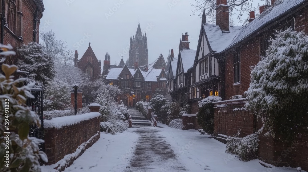 Snowy winter street scene with charming houses Snowy winter street scene with charming houses