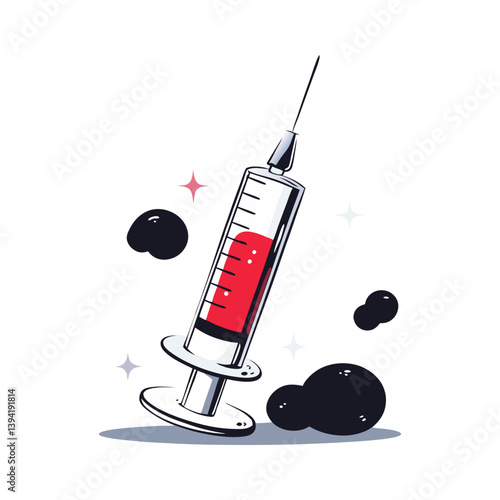 Vector illustration of a red-filled syringe with dark smoke-like elements, symbolizing medical injection, urgency, and clinical tension.