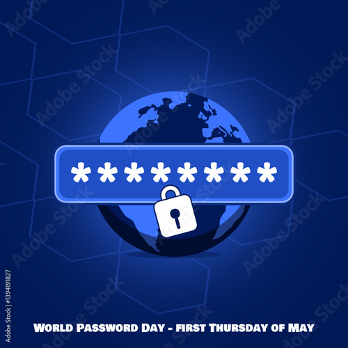 World Password Day is celebrated on the first Thursday of May. A digital illustration of the earth with letters or numbers hidden in a star shape with a padlock on a dark blue background.