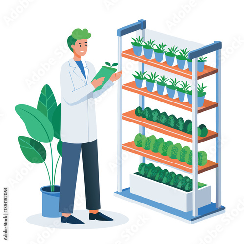 scientist-inspecting-vertical-farming-racks vector