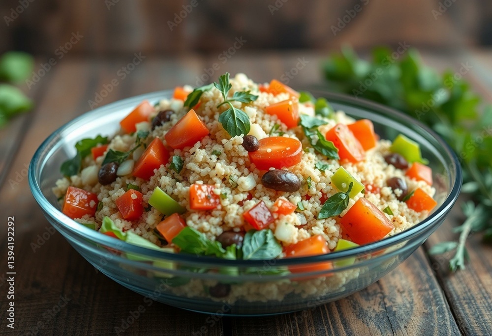 A healthy and colorful quinoa salad with mixed greens, cherry tomatoes, cucumber, avocado, and a sprinkle of feta cheese, served in a glass bowl on a wooden table. A healthy and colorful quinoa salad with mixed greens, cherry tomatoes, cucumber, avocado, and a sprinkle of feta cheese, served in a glass bowl on a wooden table.