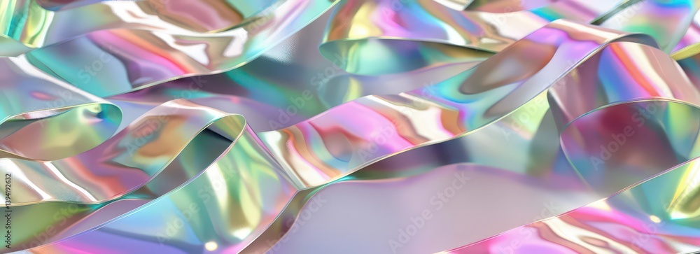Fototapeta premium A colorful, iridescent ribbon-like material with flowing curves and reflections.