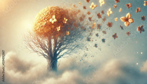 Dissolving brain shaped tree releasing butterflies. Mental health awareness background for psychology, memory loss, alzheimer's disease and mind wellness.