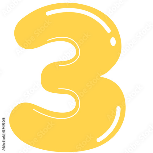 Cute yellow cartoon number Three with glossy highlights. Perfect for children’s educational media, colorful counting tools, preschool materials, and playful number graphics.