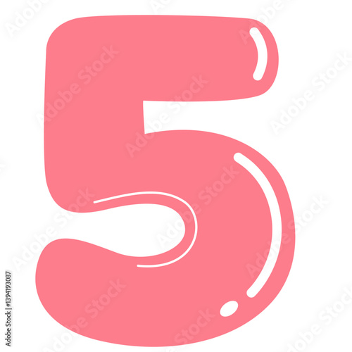 Pink cartoon-style number five with a glossy effect. Ideal for children’s learning materials, educational games, posters, or playful number-themed designs in digital and print media.