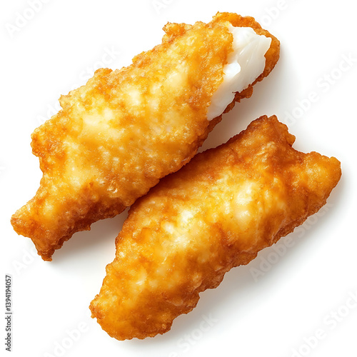 Golden and crispy fish fillets with a perfectly fried batter and flaky fish inside, isolated white background, modern art style