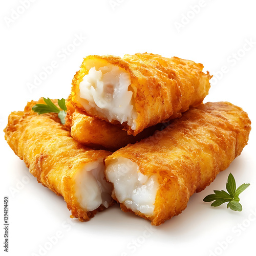 Golden and crispy fish fingers with a perfectly fried batter and flaky fish inside, isolated white background, hyperrealism art style
