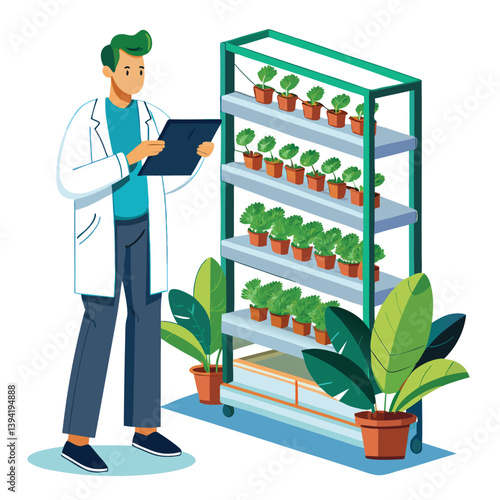 scientist-inspecting-vertical-farming-racks vector