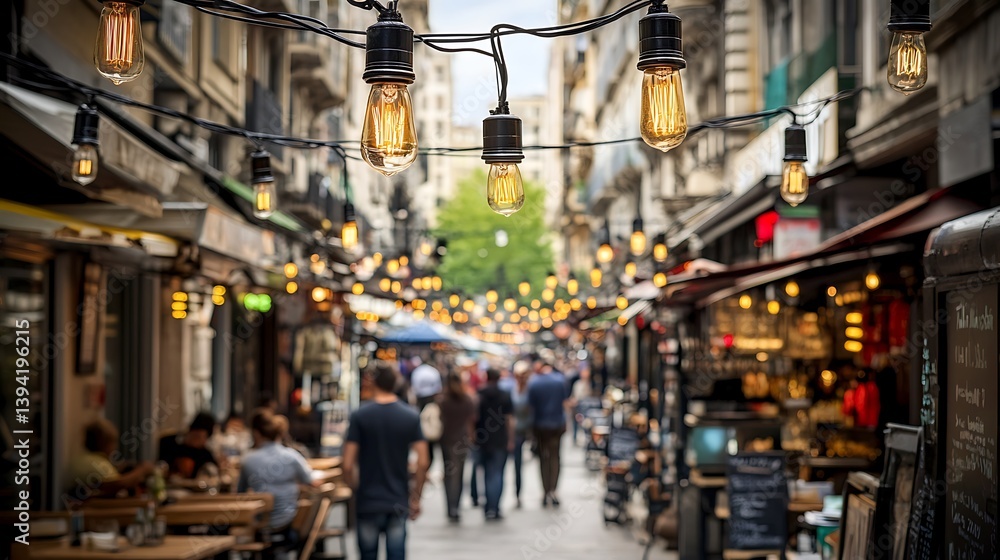 Obraz premium European city street scene with bistro lights