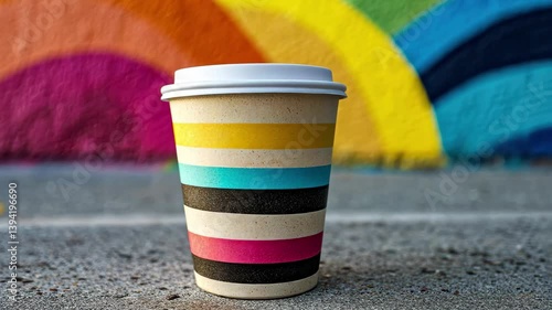 Colorful coffee cup with rainbow stripes against vibrant mural backdrop in urban setting, Coffee cup with rainbow stripes in front of colorful mural