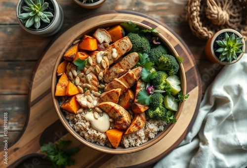 Vibrant Buddha Bowl Salad on rustic wooden board