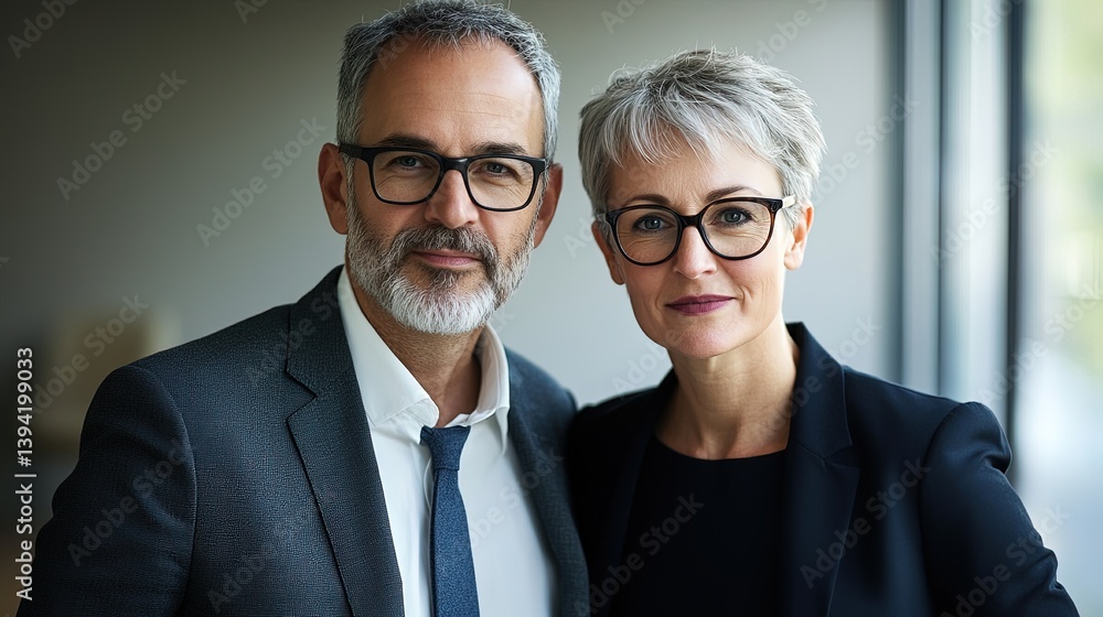 Two middle-aged business professionals in formal attire, confident expressions, upper body shot Two middle-aged business professionals in formal attire, confident expressions, upper body shot