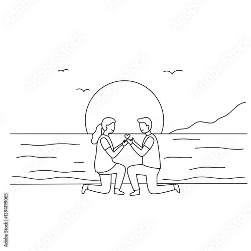 Couple sharing a romantic moment kneeling by the beach at sunset  