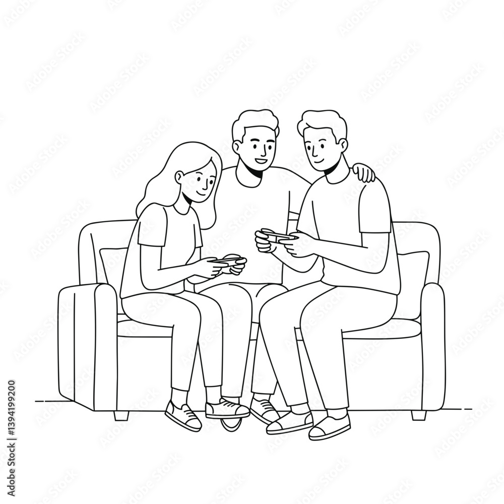 Friends enjoying a video game together on a sofa Friends enjoying a video game together on a sofa