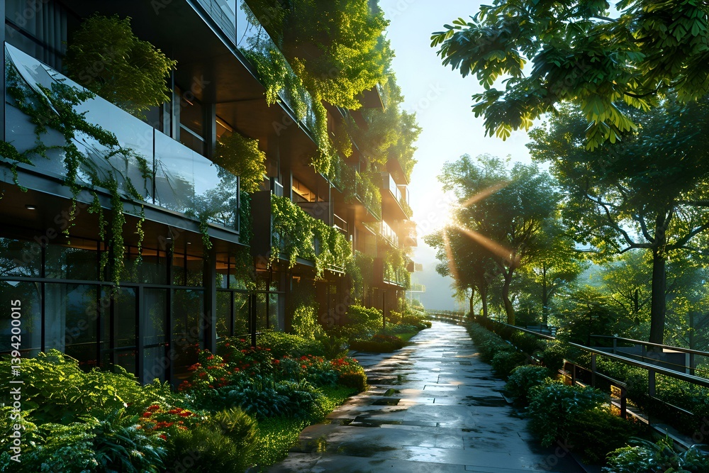 Fototapeta premium Eco Friendly Apartment Building with Lush Greenery
