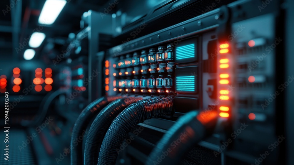 Naklejka premium Advanced supercomputer technology showcase data center digital art futuristic environment close-up view innovation