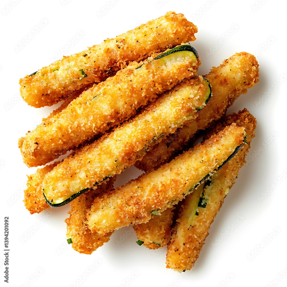 Golden and crispy fried zucchini sticks with a perfectly fried coating and tender zucchini inside, isolated white background, modern art style