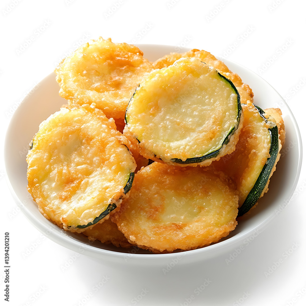 Golden and crispy fried zucchini with a perfectly fried batter and tender zucchini inside, isolated white background, hyperrealism art style Golden and crispy fried zucchini with a perfectly fried batter and tender zucchini inside, isolated white background, hyperrealism art style