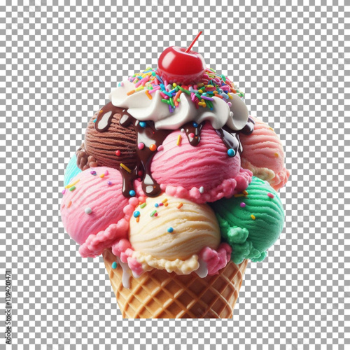A delicious ice cream cone, Tasty Ice Cream Cone with Rainbow Sprinkles and Cherry on transparent background, png, psd
