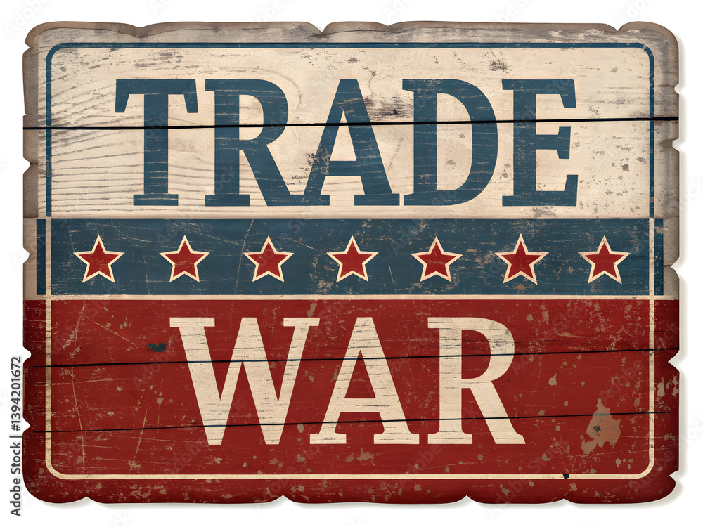 Fototapeta premium Trade War Wooden Sign: An old weathered wooden sign displays the words 