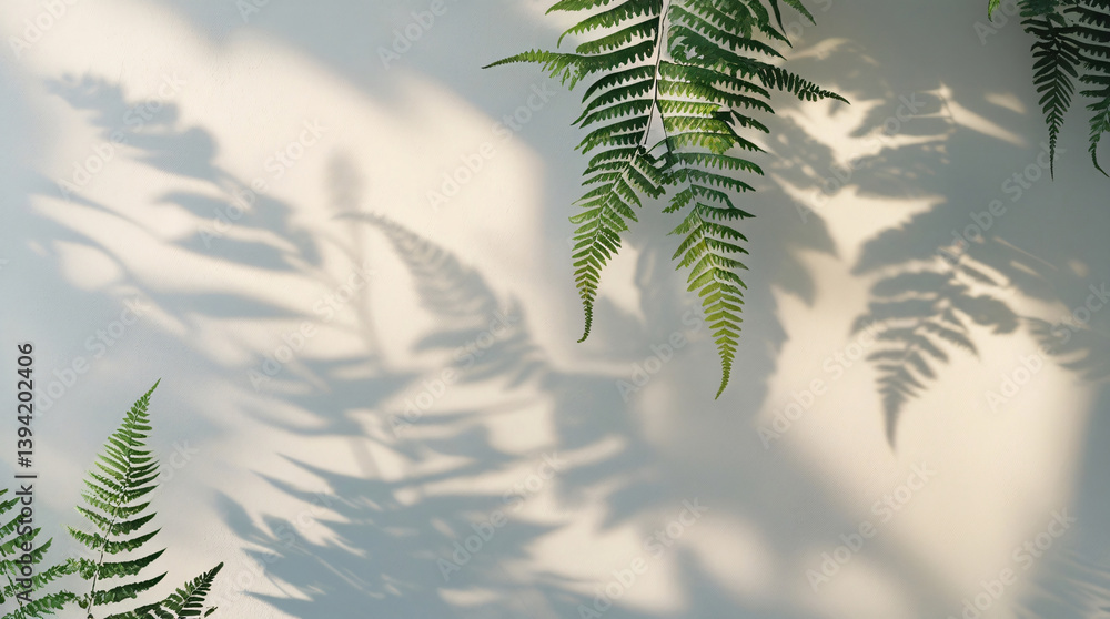 Naklejka premium Ethereal fern leaf shadows delicately overlap on a smooth white wall, forming abstract botanical shapes. Soft natural light enhances the minimalist setting, creating an elegant