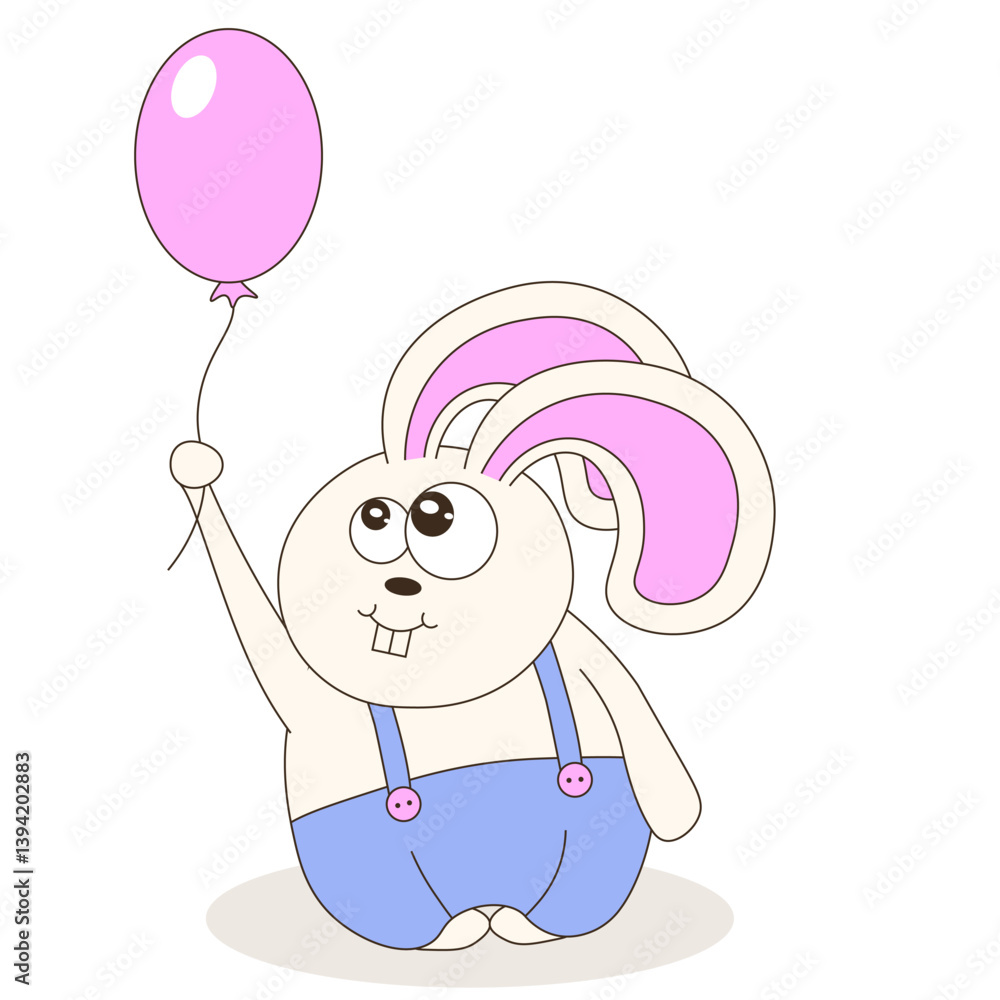 Whimsical Easter Bunny with air balloon isolated white background. Perfect adorable Bunny vector illustration for t-shirt print greeting poster card cover design. Flat rabbit. EPS 10 Whimsical Easter Bunny with air balloon isolated white background. Perfect adorable Bunny vector illustration for t-shirt print greeting poster card cover design. Flat rabbit. EPS 10