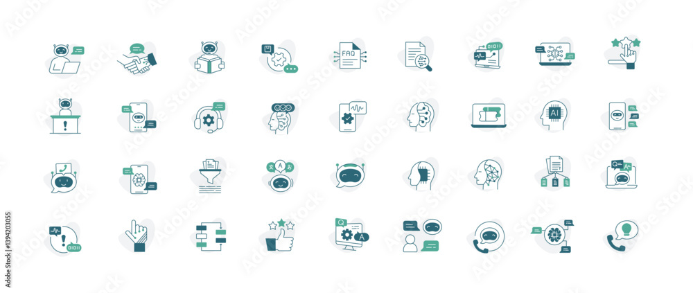 Smart Helpdesk and Virtual Assistant Icons for AI-Based Customer Experience. Icons for chatbots, sentiment analysis, automated replies, multilingual support. Editable Stroke and colors. Smart Helpdesk and Virtual Assistant Icons for AI-Based Customer Experience. Icons for chatbots, sentiment analysis, automated replies, multilingual support. Editable Stroke and colors.