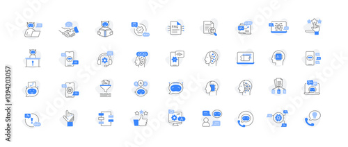 Smart Helpdesk and Virtual Assistant Icons for AI-Based Customer Experience. Icons for chatbots, sentiment analysis, automated replies, multilingual support, and escalation workflows.