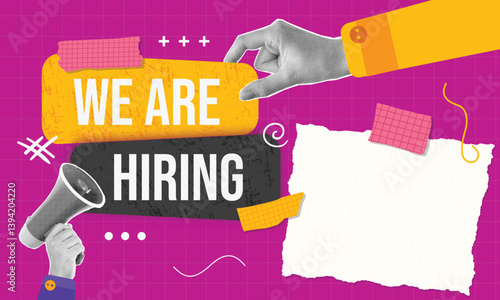 Halftone Collage We are hiring . Chat speech bubble. Recruitment agency sign.
