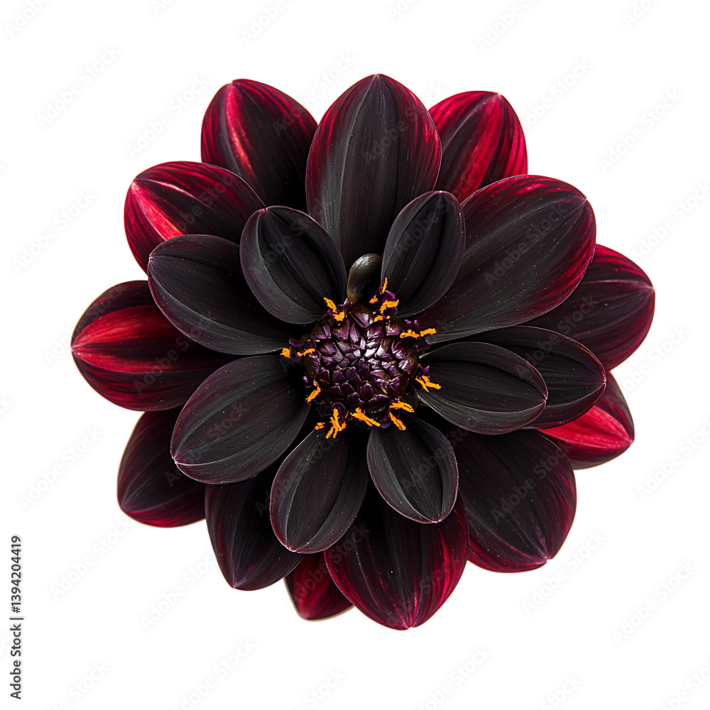 A top-down view of a fully bloomed symmetrical dahlia flower with layered, curved petals radiating outward, rendered in high detail and isolated on a black background