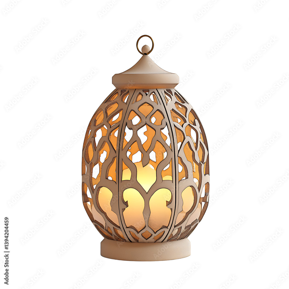 A detailed 3D illustration of an ornate lantern with floral cutouts and a lit candle inside, presented in a symmetrical design and isolated against a black background