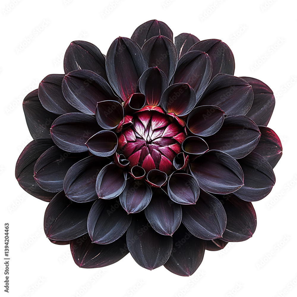 A top-down view of a fully bloomed symmetrical dahlia flower with layered, curved petals radiating outward, rendered in high detail and isolated on a black background
