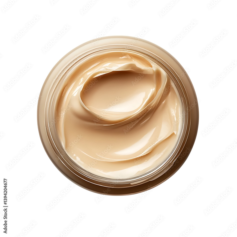 A top-down view of an open round jar containing a smooth, swirled creamy cosmetic product, isolated on a black background in a clean minimal composition